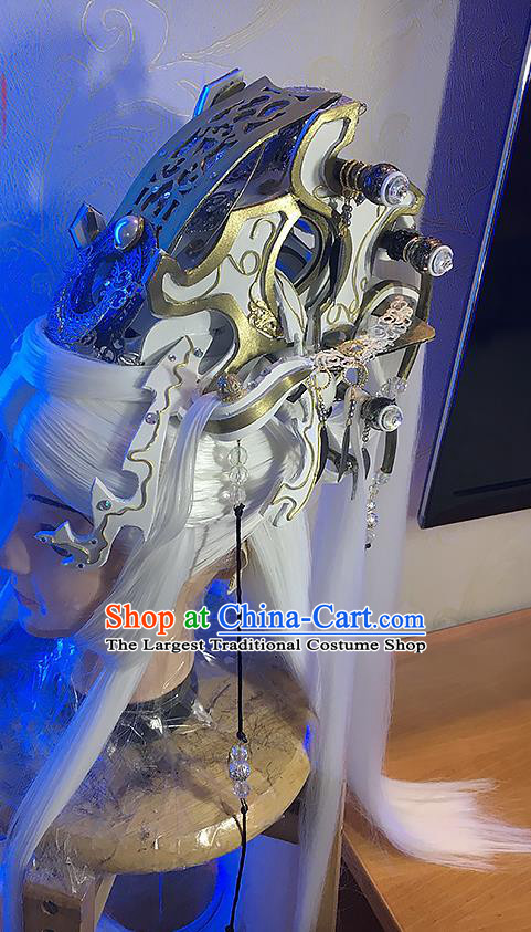 Handmade China Ancient Taoist Priest Headdress Cosplay Immortal White Wigs and Hair Crown Traditional Puppet Show Emperor Hairpieces