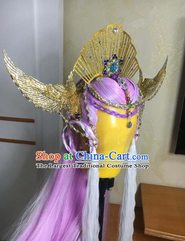 Chinese Ancient Empress Lilac Wigs and Hair Crown Headwear Traditional Puppet Show Jiu Ying Hairpieces Cosplay Goddess Hair Accessories