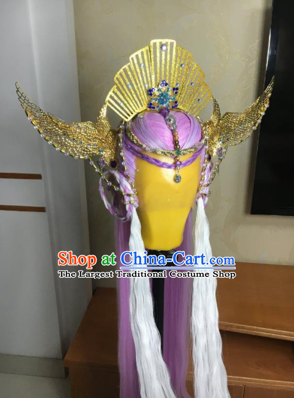 Chinese Ancient Empress Lilac Wigs and Hair Crown Headwear Traditional Puppet Show Jiu Ying Hairpieces Cosplay Goddess Hair Accessories