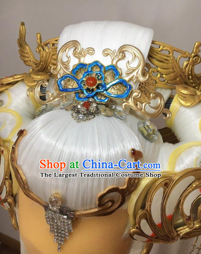 Chinese Cosplay Goddess Hair Accessories Ancient Queen White Wigs and Hair Crown Headwear Traditional Puppet Show Heaven Empress Hairpieces