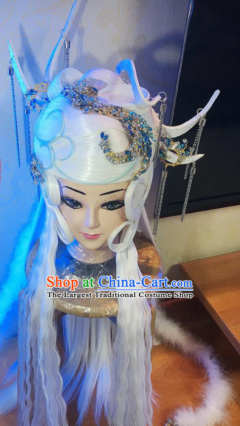 Chinese Traditional Puppet Show Jun Haitang Hairpieces Cosplay Goddess Hair Accessories Ancient Dragon Queen White Wigs and Hair Crown Headwear