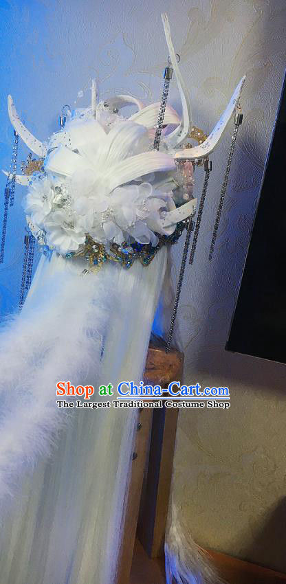 Chinese Traditional Puppet Show Jun Haitang Hairpieces Cosplay Goddess Hair Accessories Ancient Dragon Queen White Wigs and Hair Crown Headwear
