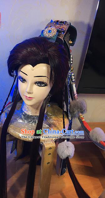 Handmade China Cosplay Swordsman Black Wigs and Hair Crown Traditional Puppet Show Young Hero Hairpieces Ancient Wolf King Headdress