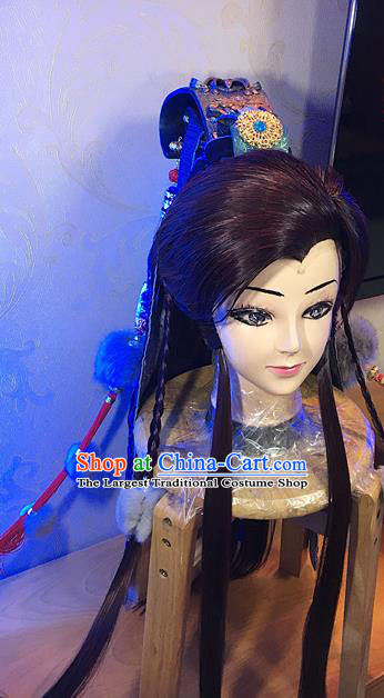 Handmade China Cosplay Swordsman Black Wigs and Hair Crown Traditional Puppet Show Young Hero Hairpieces Ancient Wolf King Headdress