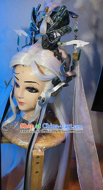 Handmade China Ancient Emperor Headdress Cosplay Swordsman White Wigs and Lotus Hair Crown Traditional Puppet Show Taoist Hairpieces