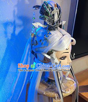 Handmade China Ancient Emperor Headdress Cosplay Swordsman White Wigs and Lotus Hair Crown Traditional Puppet Show Taoist Hairpieces