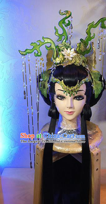 Chinese Ancient Queen Black Wigs and Hair Crown Headwear Traditional Puppet Show Hong Chenxue Hairpieces Cosplay Goddess Hair Accessories