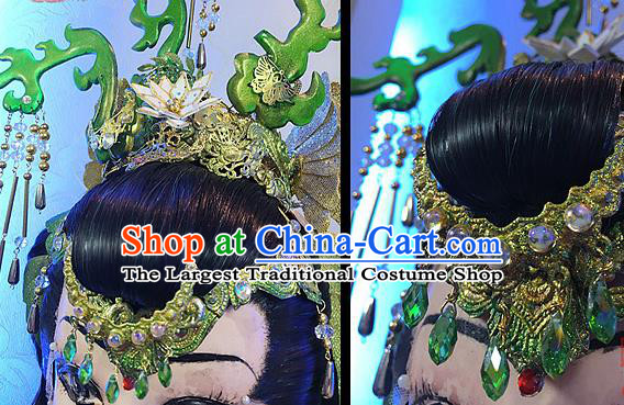 Chinese Ancient Queen Black Wigs and Hair Crown Headwear Traditional Puppet Show Hong Chenxue Hairpieces Cosplay Goddess Hair Accessories