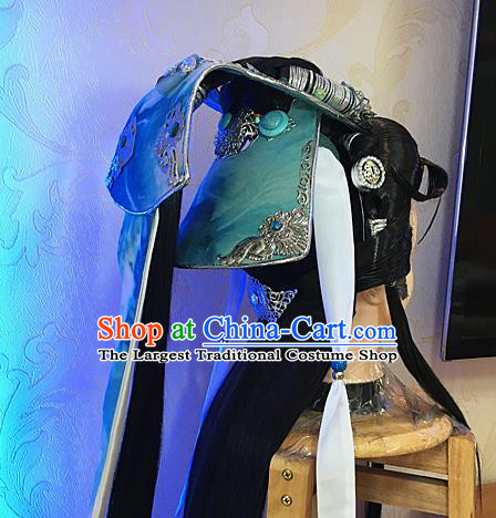 Handmade China Cosplay Swordsman Wigs and Hair Crown Traditional Puppet Show Childe Hairpieces Ancient Prince Headdress