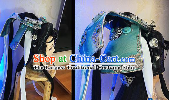 Handmade China Cosplay Swordsman Wigs and Hair Crown Traditional Puppet Show Childe Hairpieces Ancient Prince Headdress