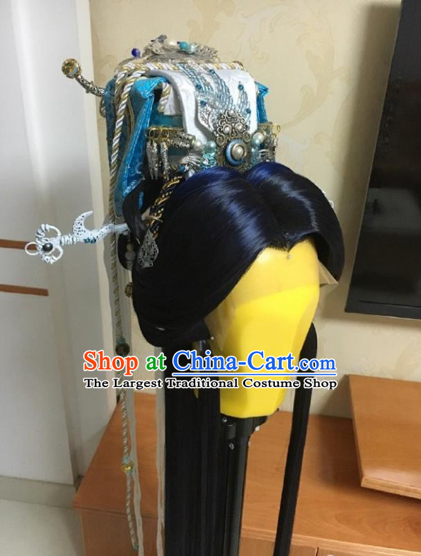 Handmade China Ancient Emperor Headdress Cosplay Royal King Wigs and Hair Crown Traditional Puppet Show Monarch Hairpieces