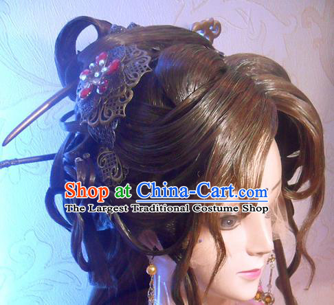 Chinese Cosplay Swordswoman Hair Accessories Ancient Queen Brown Wigs and Hairpins Headwear Traditional Puppet Show Cui Luohan Hairpieces