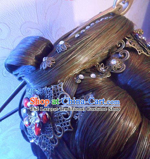 Chinese Cosplay Swordswoman Hair Accessories Ancient Queen Brown Wigs and Hairpins Headwear Traditional Puppet Show Cui Luohan Hairpieces