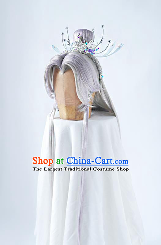 Handmade China Traditional Puppet Show Ren Piaomiao Hairpieces Ancient Immortal Headdress Cosplay Swordsman Lilac Wigs and Hair Crown