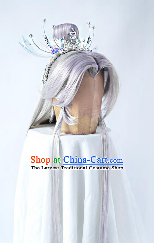 Handmade China Traditional Puppet Show Ren Piaomiao Hairpieces Ancient Immortal Headdress Cosplay Swordsman Lilac Wigs and Hair Crown