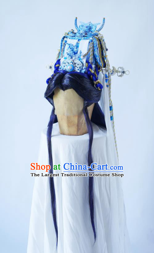 Handmade China Cosplay Swordsman Purple Wigs and Hair Crown Traditional Puppet Show Hairpieces Ancient Emperor Headdress