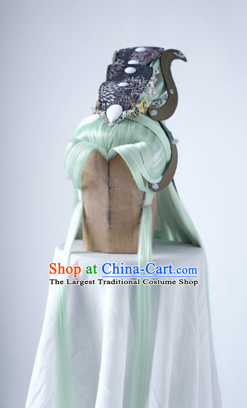 Handmade China Traditional Puppet Show King Mo Cangli Hairpieces Ancient Emperor Headdress Cosplay Swordsman Green Wigs and Hair Crown