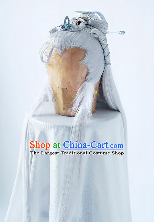 Handmade China Cosplay Swordsman Grey Wigs and Hair Crown Traditional Puppet Show Knight Hairpieces Ancient Chivalrous Hero Headdress
