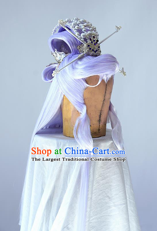 Handmade China Ancient Chivalrous Male Headdress Cosplay Swordsman Lilac Wigs and Hair Crown Traditional Puppet Show King Hairpieces