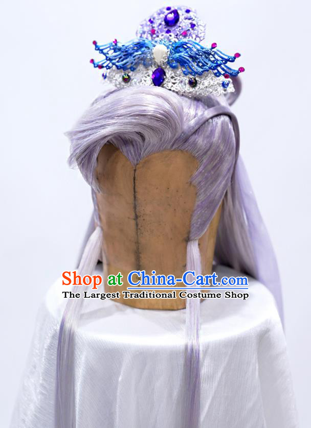 Handmade China Traditional Puppet Show Murong Ning Hairpieces Ancient  Chivalrous Male Headdress Cosplay Royal Prince Lilac
