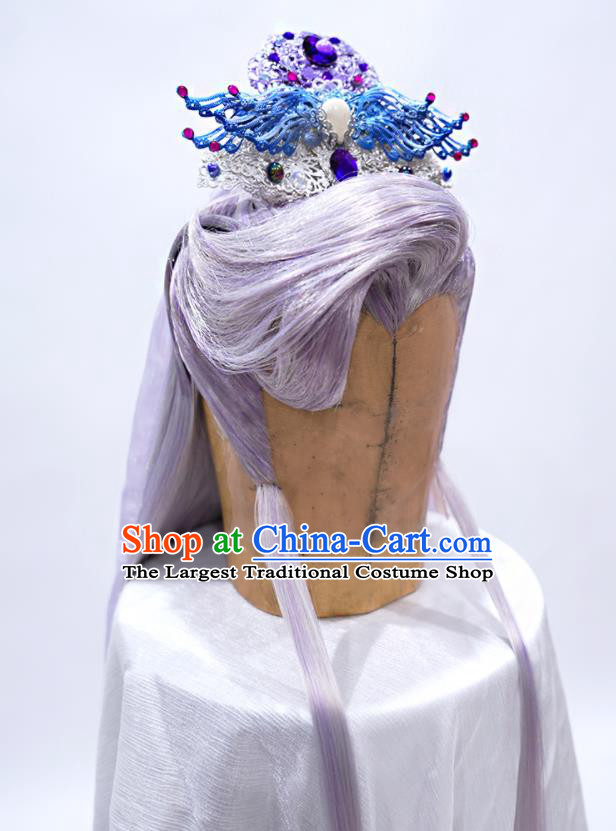 Handmade China Traditional Puppet Show Murong Ning Hairpieces Ancient Chivalrous Male Headdress Cosplay Royal Prince Lilac Wigs and Hair Crown
