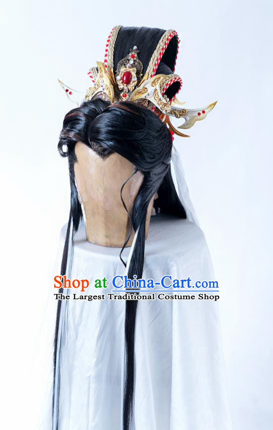 Handmade China Cosplay Royal Prince Wigs and Hair Crown Traditional Puppet Show Mo Lisao Hairpieces Ancient Chivalrous Male Headdress