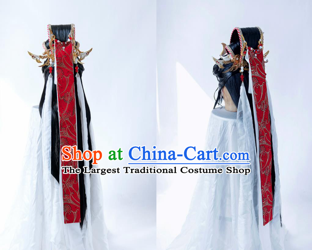 Handmade China Cosplay Royal Prince Wigs and Hair Crown Traditional Puppet Show Mo Lisao Hairpieces Ancient Chivalrous Male Headdress