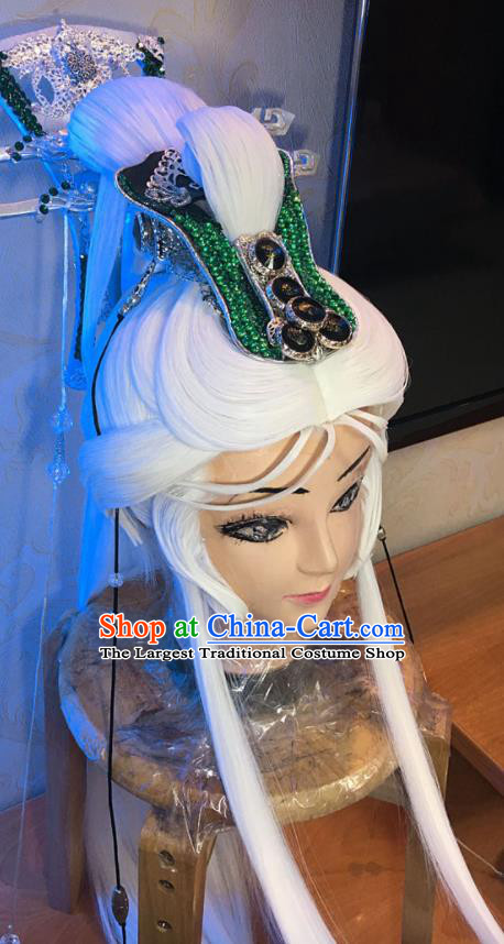 Handmade China Ancient Taoist Master Headdress Cosplay Swordsman White Wigs and Hair Crown Traditional Puppet Show King Hairpieces