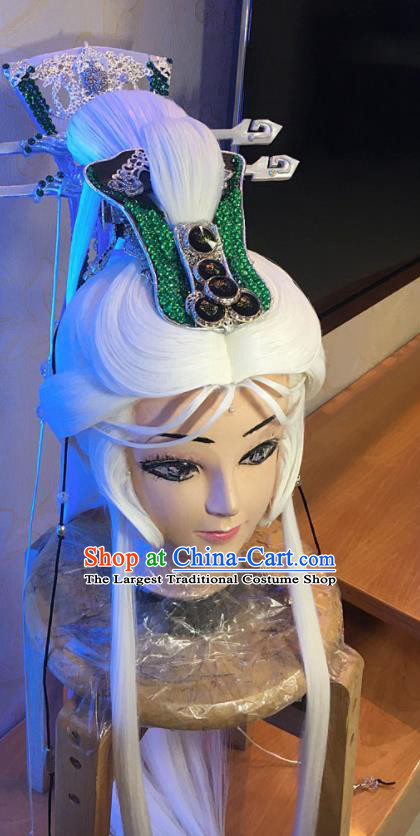 Handmade China Ancient Taoist Master Headdress Cosplay Swordsman White Wigs and Hair Crown Traditional Puppet Show King Hairpieces