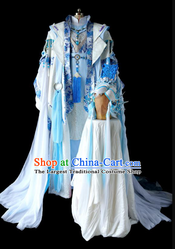 Custom China Cosplay Young General Blue Outfits Puppet Show Dragon King Clothing Ancient Swordsman Garment Costumes and Headdress