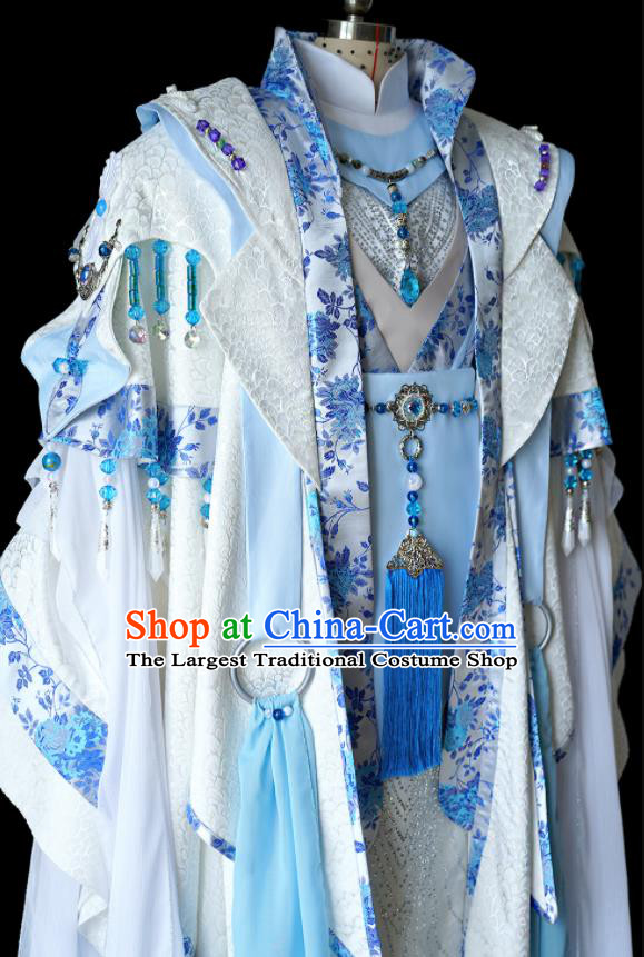Custom China Cosplay Young General Blue Outfits Puppet Show Dragon King Clothing Ancient Swordsman Garment Costumes and Headdress