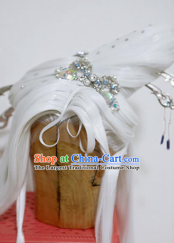 Chinese Traditional Puppet Show Ji Wuxia Hairpieces Cosplay Goddess Queen Hair Accessories Ancient Female Swordsman White Wigs and Hairpins Headwear
