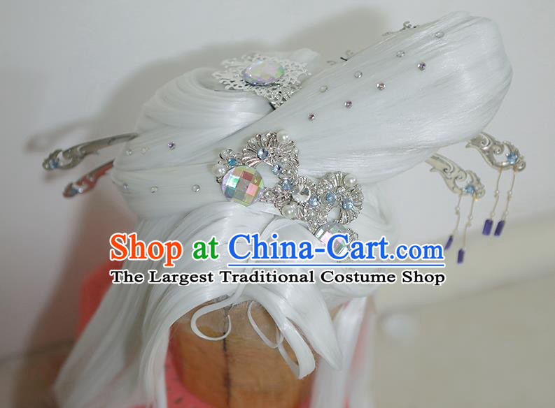 Chinese Traditional Puppet Show Ji Wuxia Hairpieces Cosplay Goddess Queen Hair Accessories Ancient Female Swordsman White Wigs and Hairpins Headwear