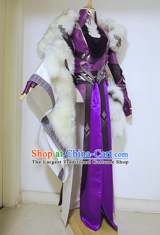 Top Chinese Cosplay Female Warrior Garment Costumes Ancient Swordswoman Clothing Traditional Game Role Heroine Purple Apparels