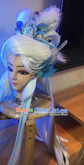 Handmade China Traditional Puppet Show Patriarch Hairpieces Ancient Taoist Master Headdress Cosplay Swordsman White Wigs and Hair Crown