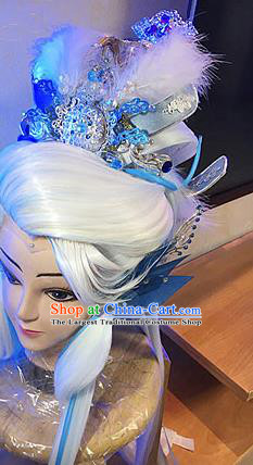 Handmade China Traditional Puppet Show Patriarch Hairpieces Ancient Taoist Master Headdress Cosplay Swordsman White Wigs and Hair Crown
