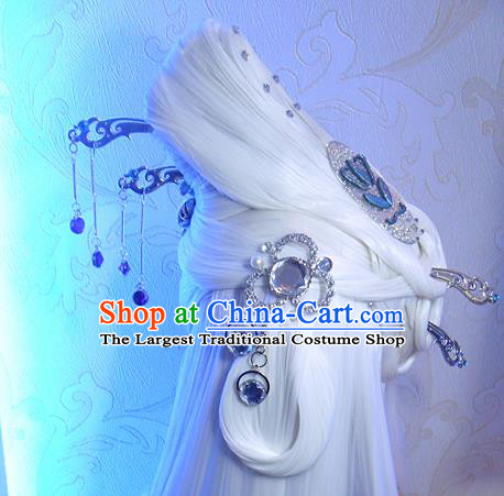 Chinese Ancient Queen White Wigs and Hair Crown Headwear Traditional Puppet Show Ji Wuxia Hairpieces Cosplay Fairy Hair Accessories