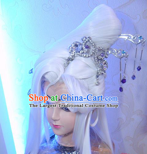 Chinese Ancient Queen White Wigs and Hair Crown Headwear Traditional Puppet Show Ji Wuxia Hairpieces Cosplay Fairy Hair Accessories