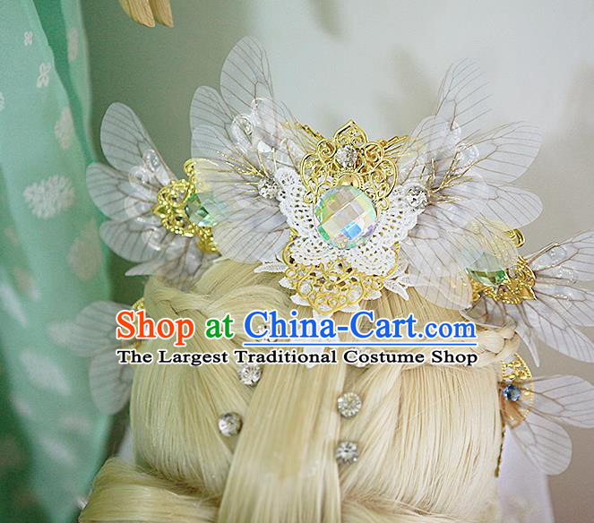 Chinese Ancient Female Swordsman Golden Wigs and Hairpins Headwear Traditional Hanfu Hairpieces Cosplay Goddess Queen Hair Accessories