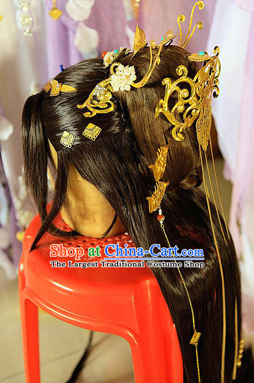 Chinese Cosplay Goddess Hair Accessories Ancient Fairy Princess Brown Wigs and Hairpins Headwear Traditional Hanfu Hairpieces