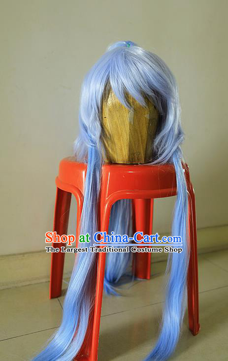 Handmade China Ancient Swordsman Headdress Cosplay Young Knight Blue Wigs Traditional Puppet Show Chivalrous Hero Hairpieces