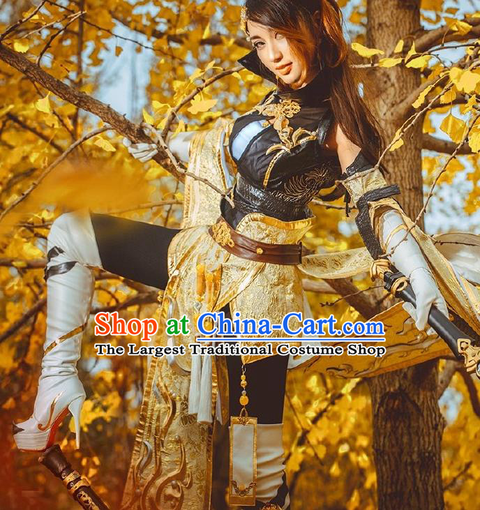 Top Chinese Ancient Female Warrior Clothing Traditional Game Role Swordswoman Dress Apparels Cosplay Heroine Garment Costumes