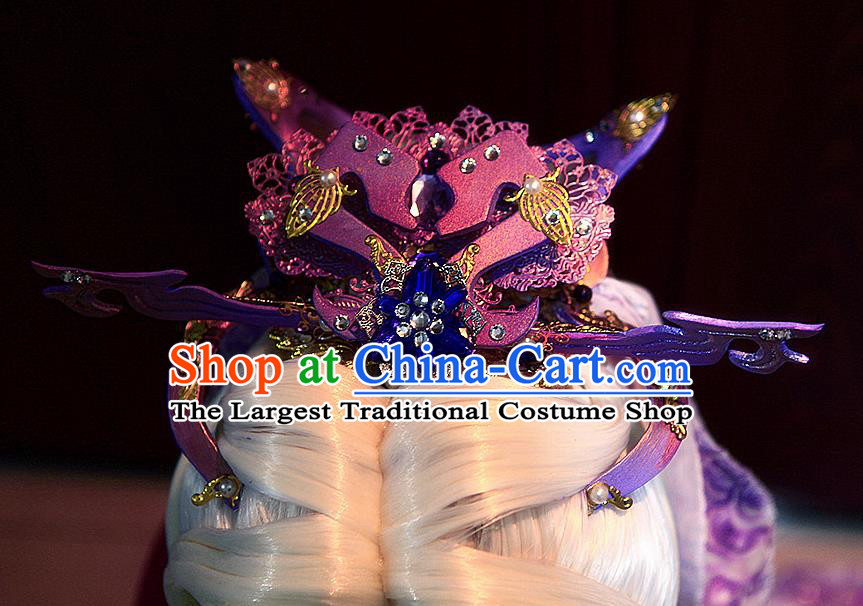 Handmade China Traditional Puppet Show Chivalrous Man Su Huanzhen Hairpieces Ancient Swordsman Headdress Cosplay Taoist White Wigs and Hair Crown