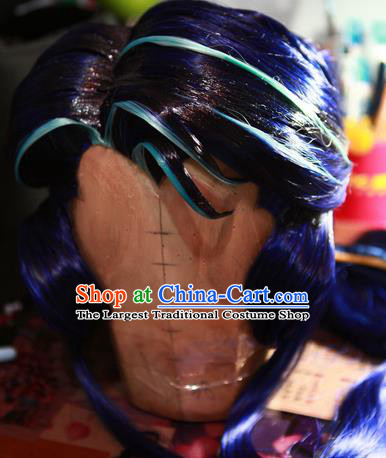 Handmade China Cosplay Swordsman Blue Wigs Traditional Puppet Show Young Knight Hairpieces Ancient Chivalrous Male Headdress