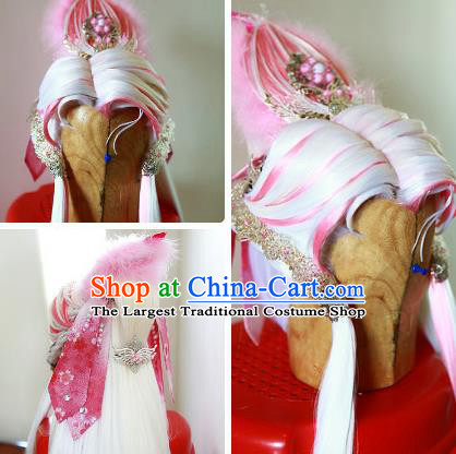 Chinese Traditional Puppet Show Queen Hairpieces Cosplay Goddess Hair Accessories Ancient Nymph Pink Wigs and Hair Crown Headwear