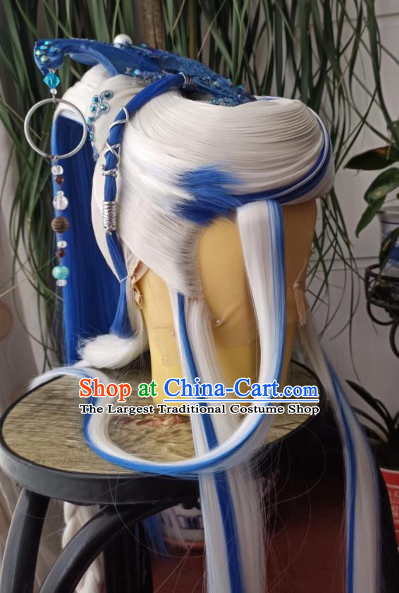 Handmade China Cosplay Heaven King Wigs and Hair Crown Traditional Puppet Show Swordsman Hairpieces Ancient Taoist Priest Headdress