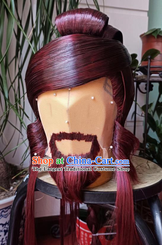Handmade China Ancient Patriarch Headdress Cosplay Swordsman Red Wigs and Beard Traditional Puppet Show Sword Master Hairpieces