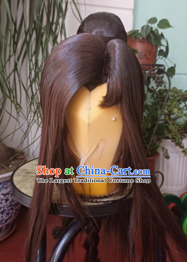 Handmade China Cosplay Swordsman Brown Wigs Traditional Puppet Show Young Hero Hairpieces Ancient Chivalrous Knight Headdress