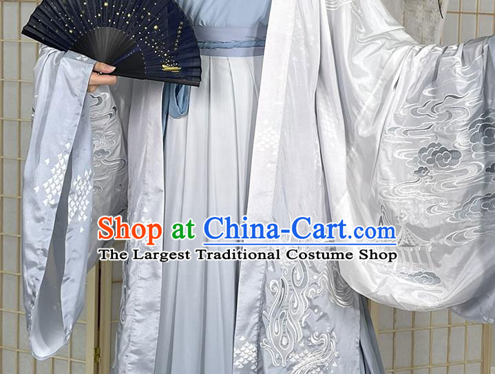 China Jin Dynasty Noble Childe Historical Clothing Traditional Embroidered Blue Hanfu Apparels Ancient Swordsman Garment Costumes