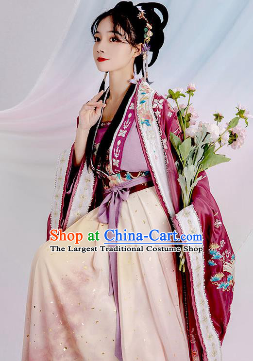 China Traditional Embroidered Purple Hanfu Dress Apparels Ancient Palace Beauty Garment Costumes Song Dynasty Imperial Consort Historical Clothing